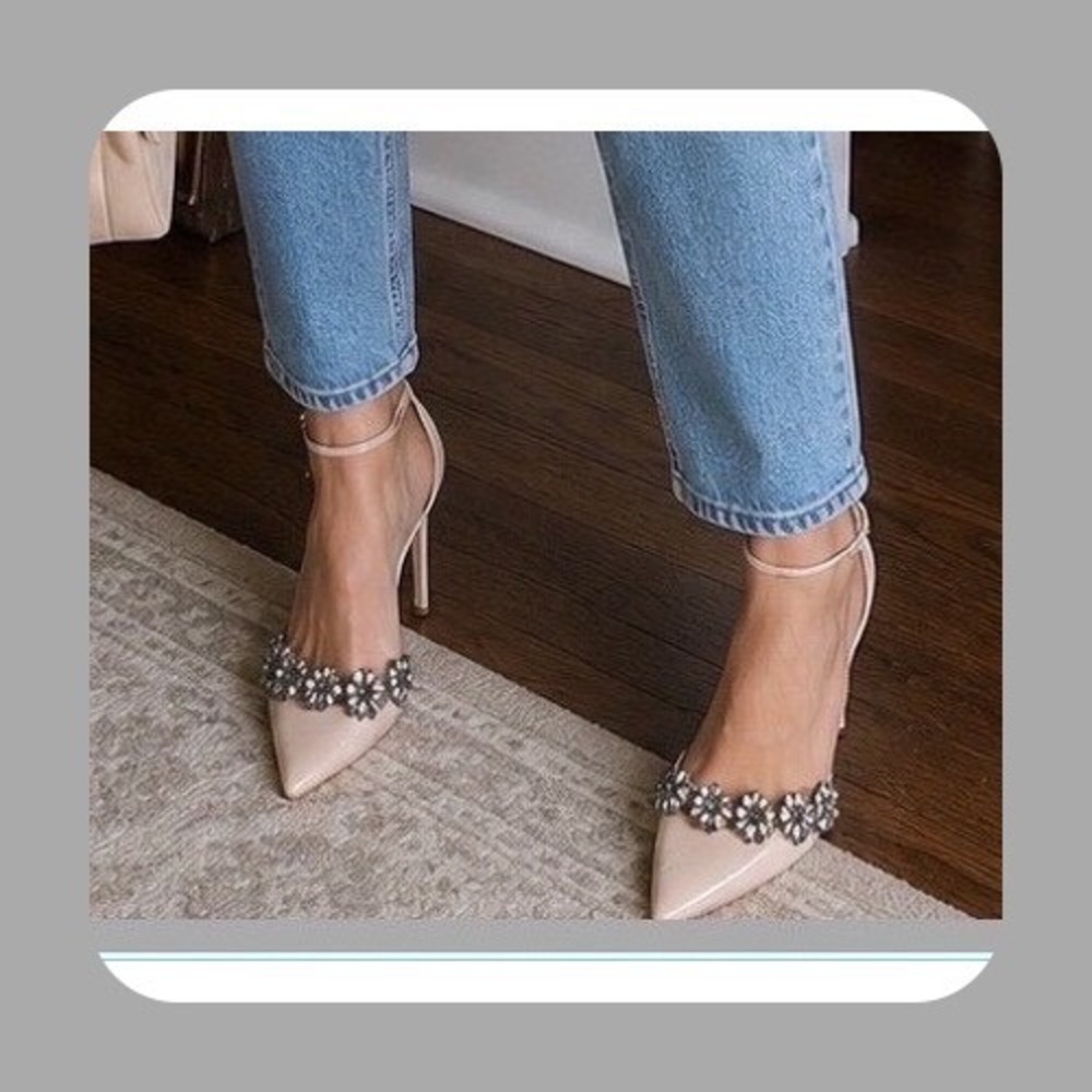 Nude Patent Stiletto Heels Crystal Floral Embellished Ankle Strap Pumps Size 8.5